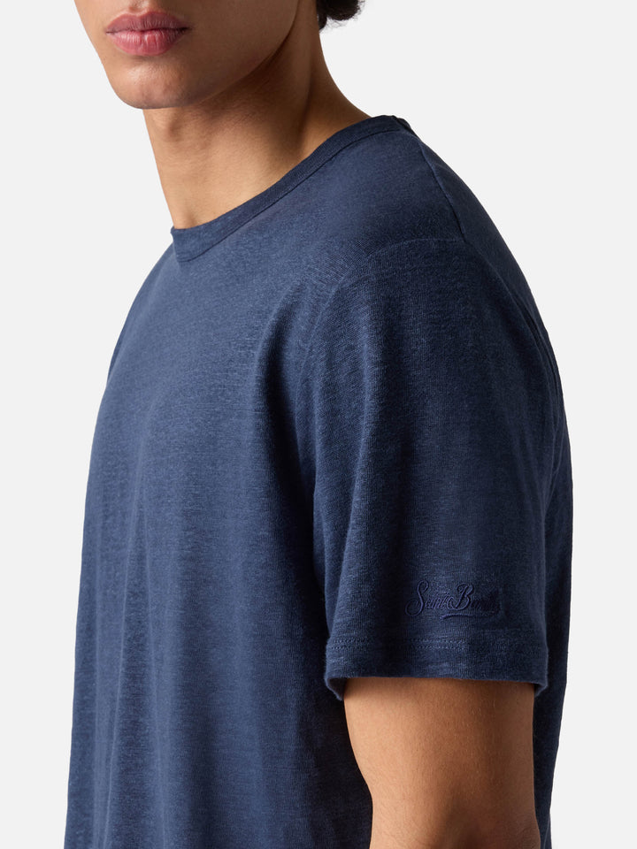 Blue Ecstasea pure linen t-shirt with logo embroidery