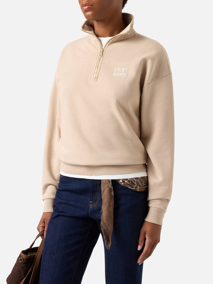 Beige Eliade half-zip cotton sweatshirt with flock logo