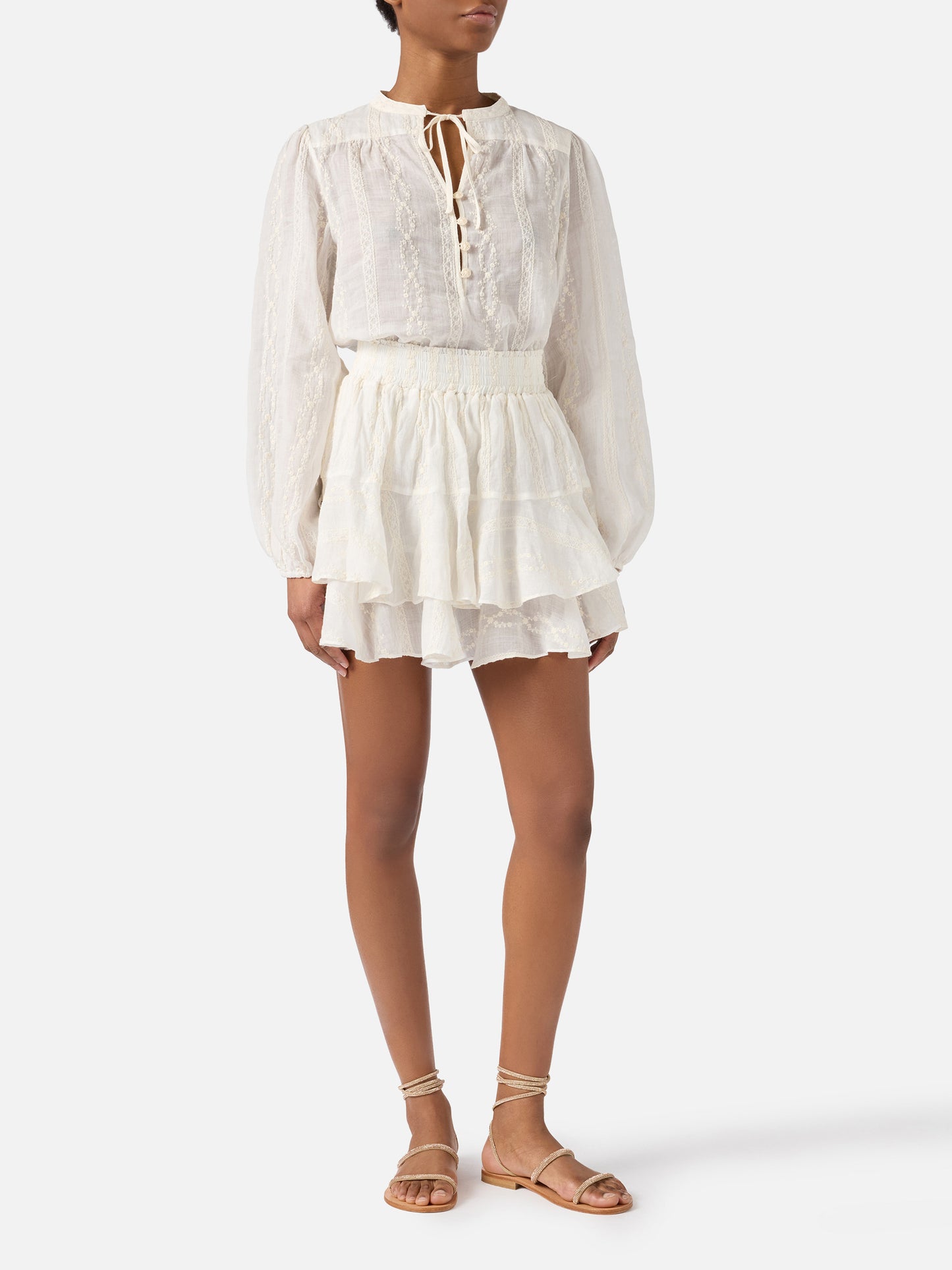 Beige Eivissa short ramie skirt with embroidery