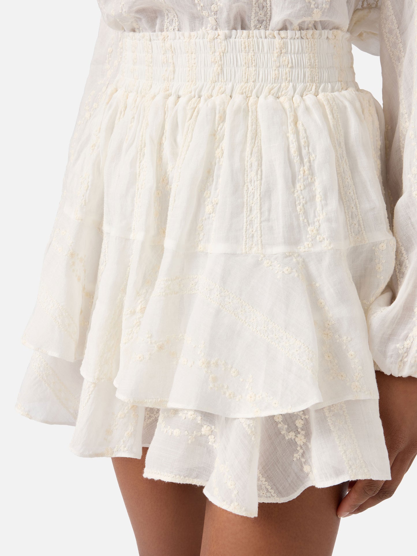 Beige Eivissa short ramie skirt with embroidery