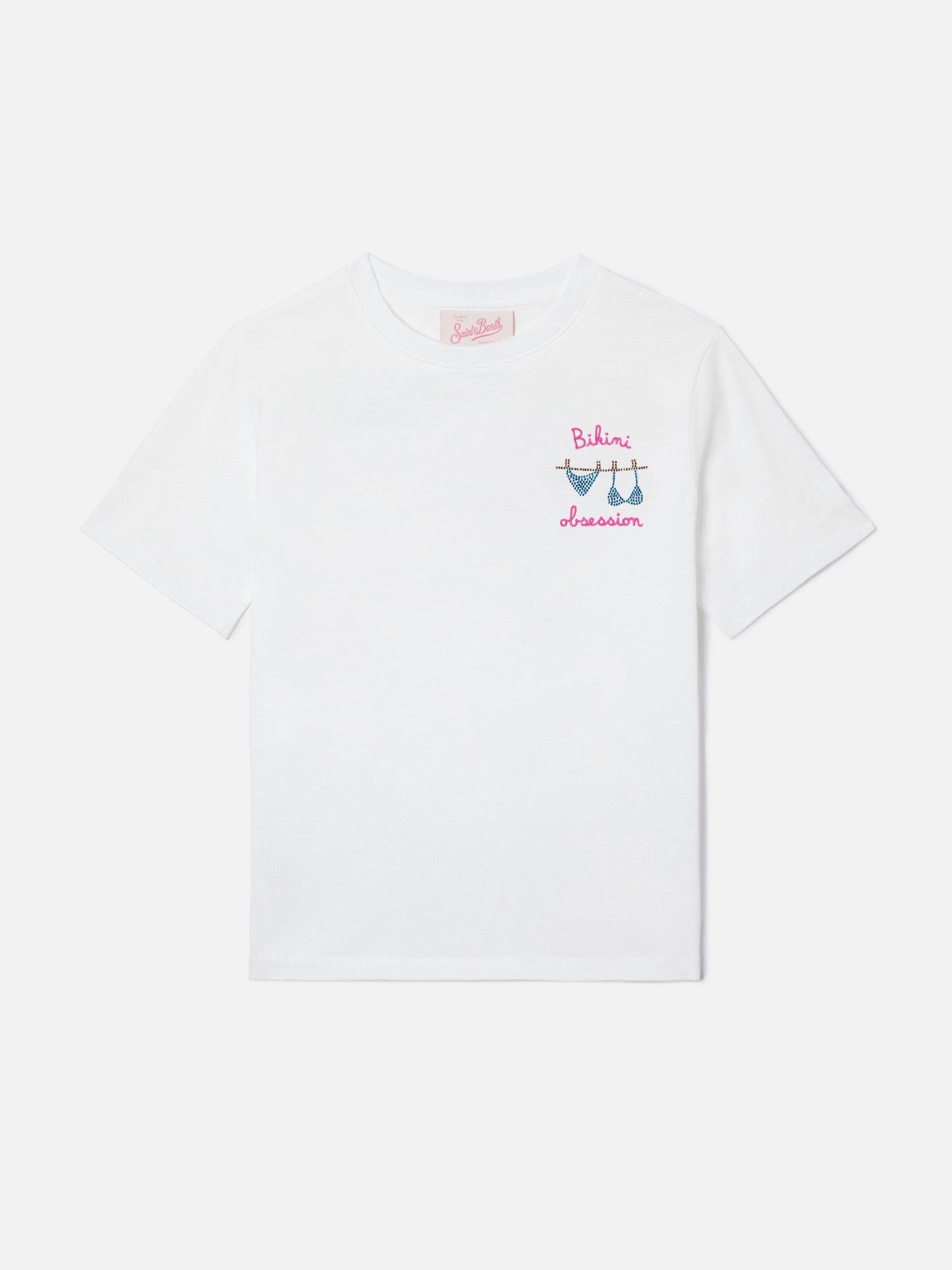 Camiseta Elly en algodón blanco con bordado Bikini Obsession y strass 