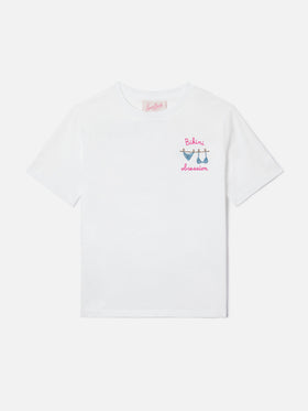 Camiseta Elly en algodón blanco con bordado Bikini Obsession y strass 