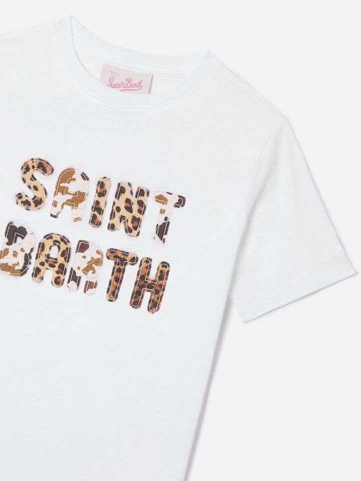 Elly T-shirt in white cotton with animal print logo patch