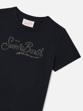Elly t-shirt in black cotton with Saint Barth rhinestones embellishment