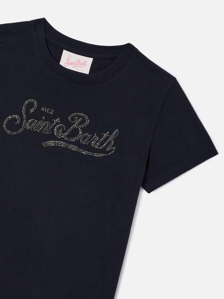 Elly t-shirt in black cotton with Saint Barth rhinestones embellishment