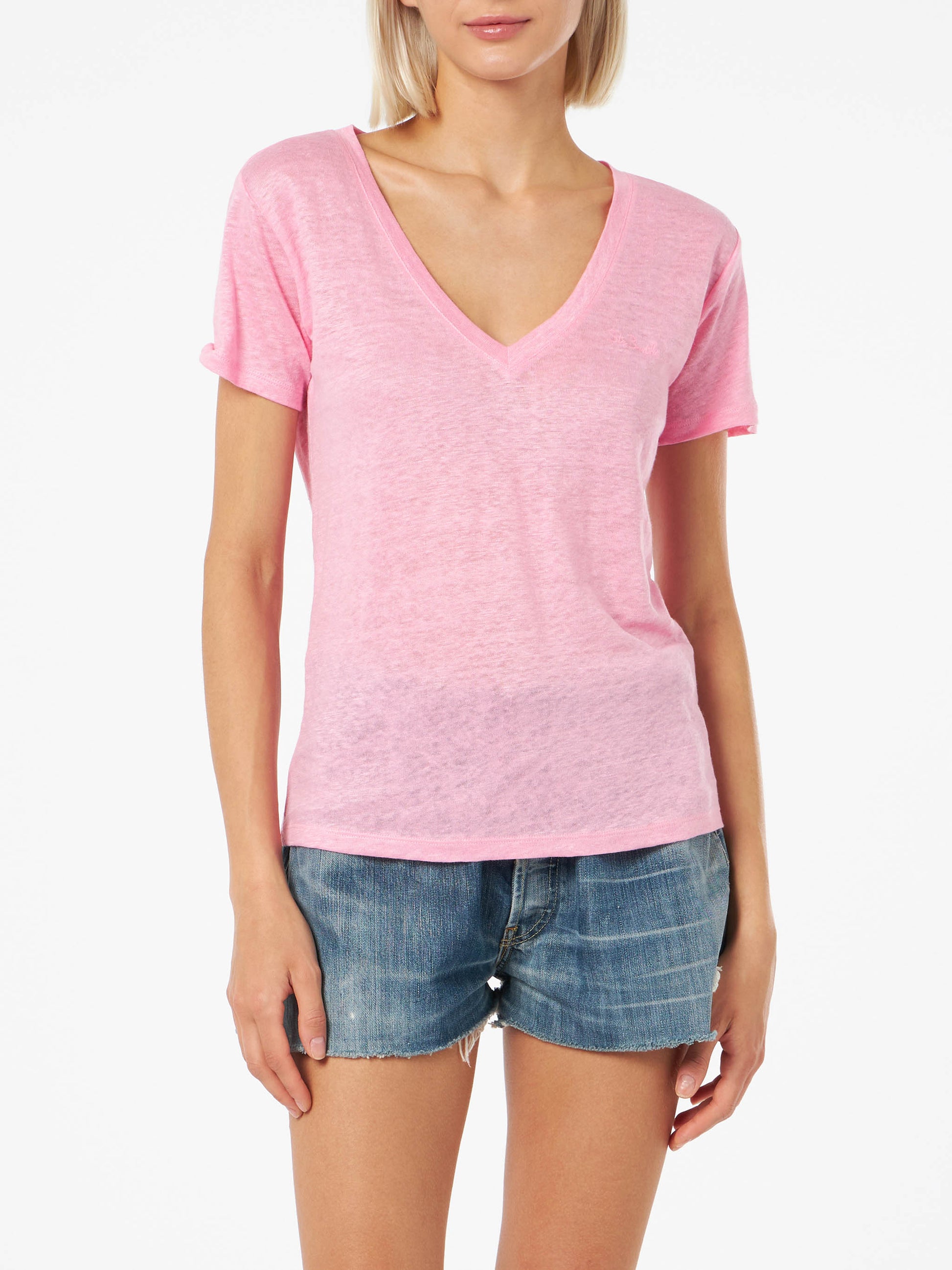 Linen jersey pink V-neck t-shirt Eloise - MC2 Saint Barth