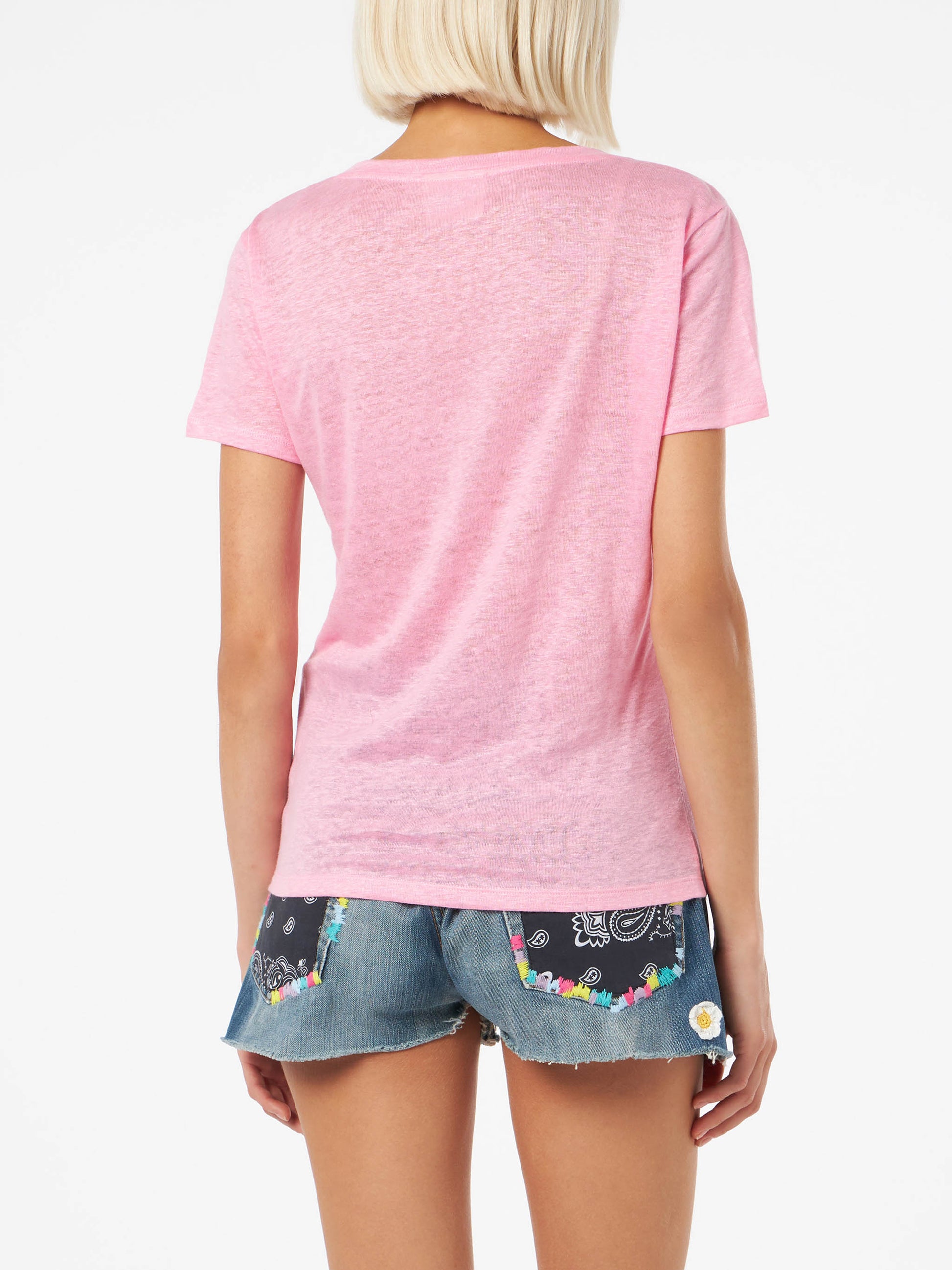 Linen jersey pink V-neck t-shirt Eloise - MC2 Saint Barth