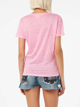 Linen jersey pink V-neck t-shirt Eloise - MC2 Saint Barth