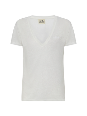 Linen jersey white V-neck t-shirt Eloise - MC2 Saint Barth