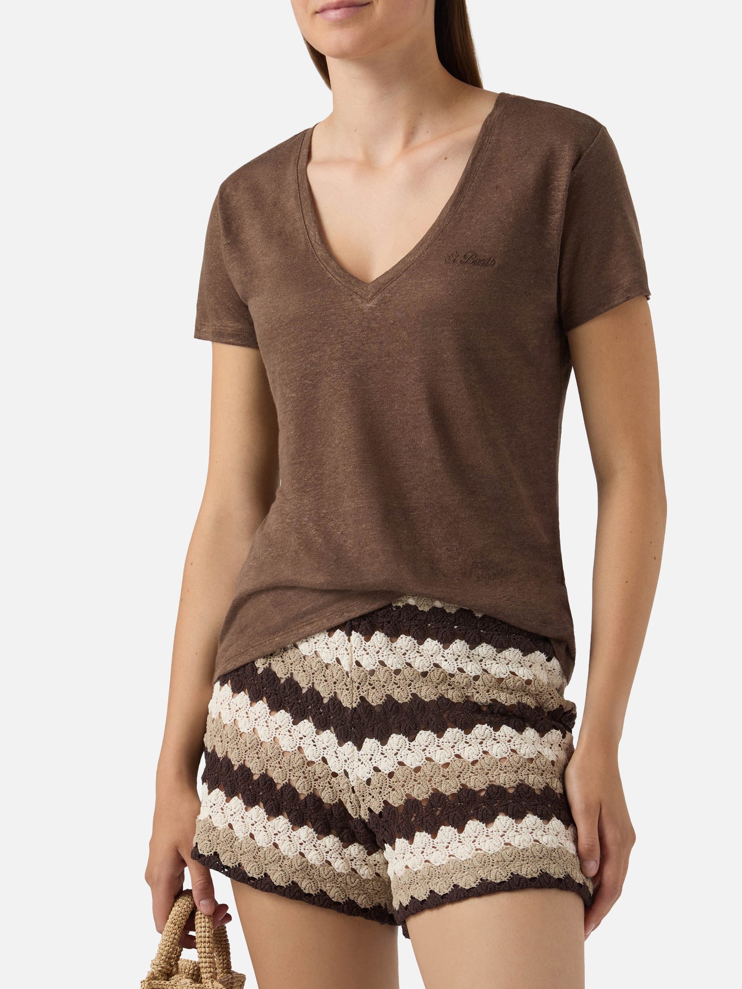 T-shirt Eloise en lin marron avec logo brodé 