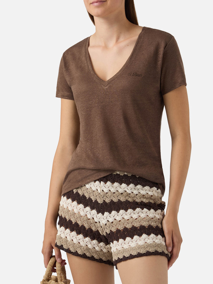 Brown linen Eloise T-shirt with embroidered logo