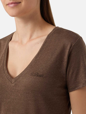T-shirt Eloise en lin marron avec logo brodé 