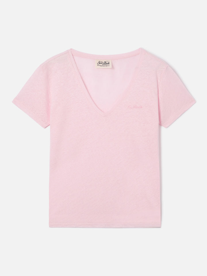 Camiseta Eloise de lino rosa con logo bordado 
