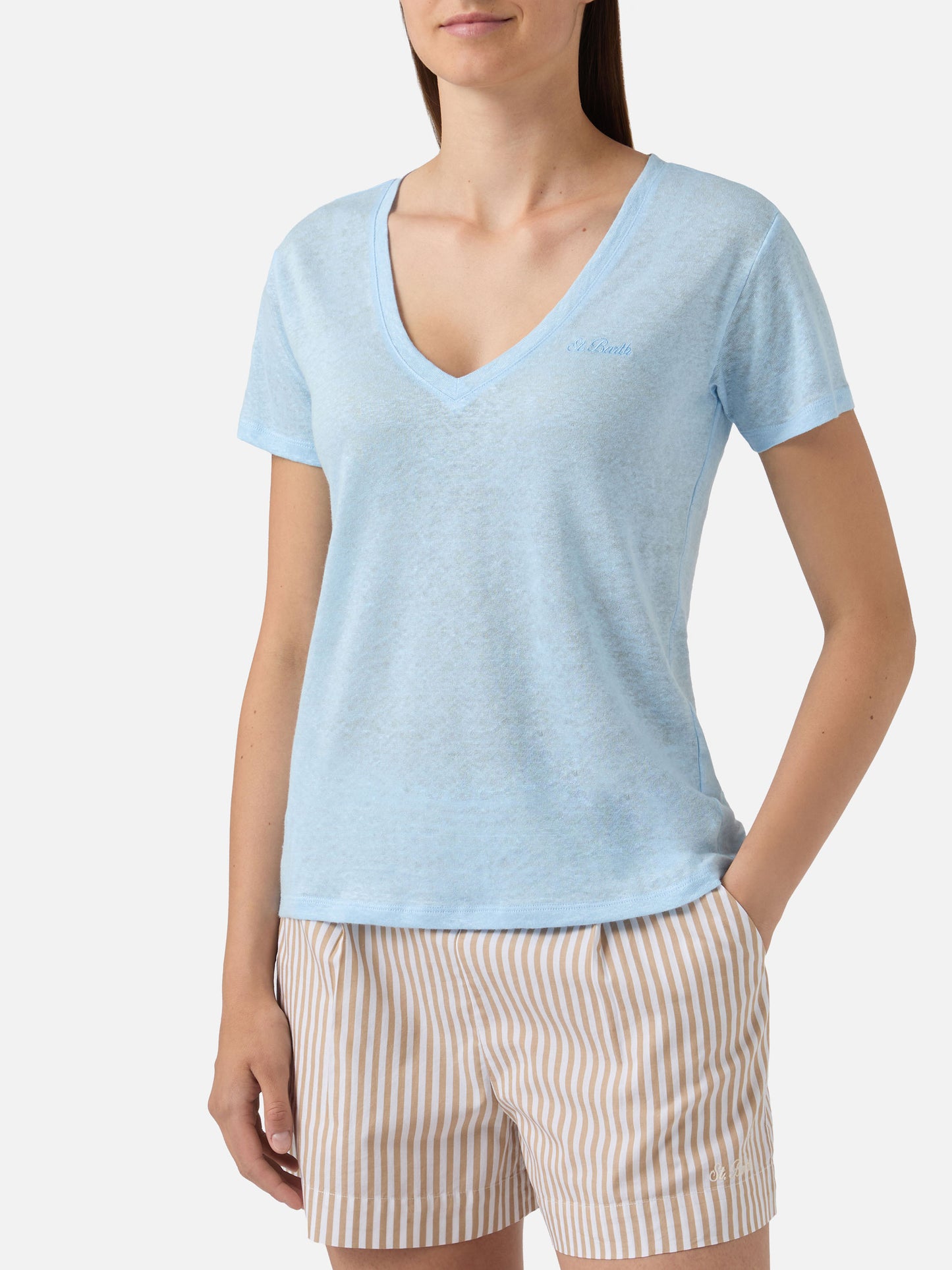 T-shirt Eloise en lin bleu clair avec logo brodé 