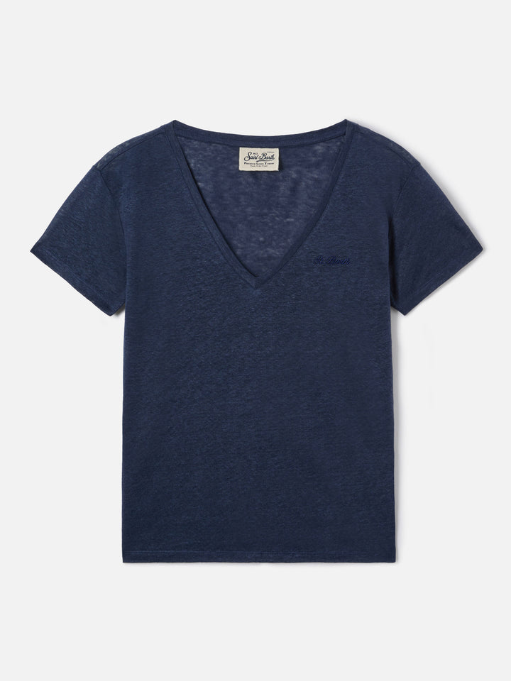 Camiseta Eloise de lino azul con logotipo bordado 