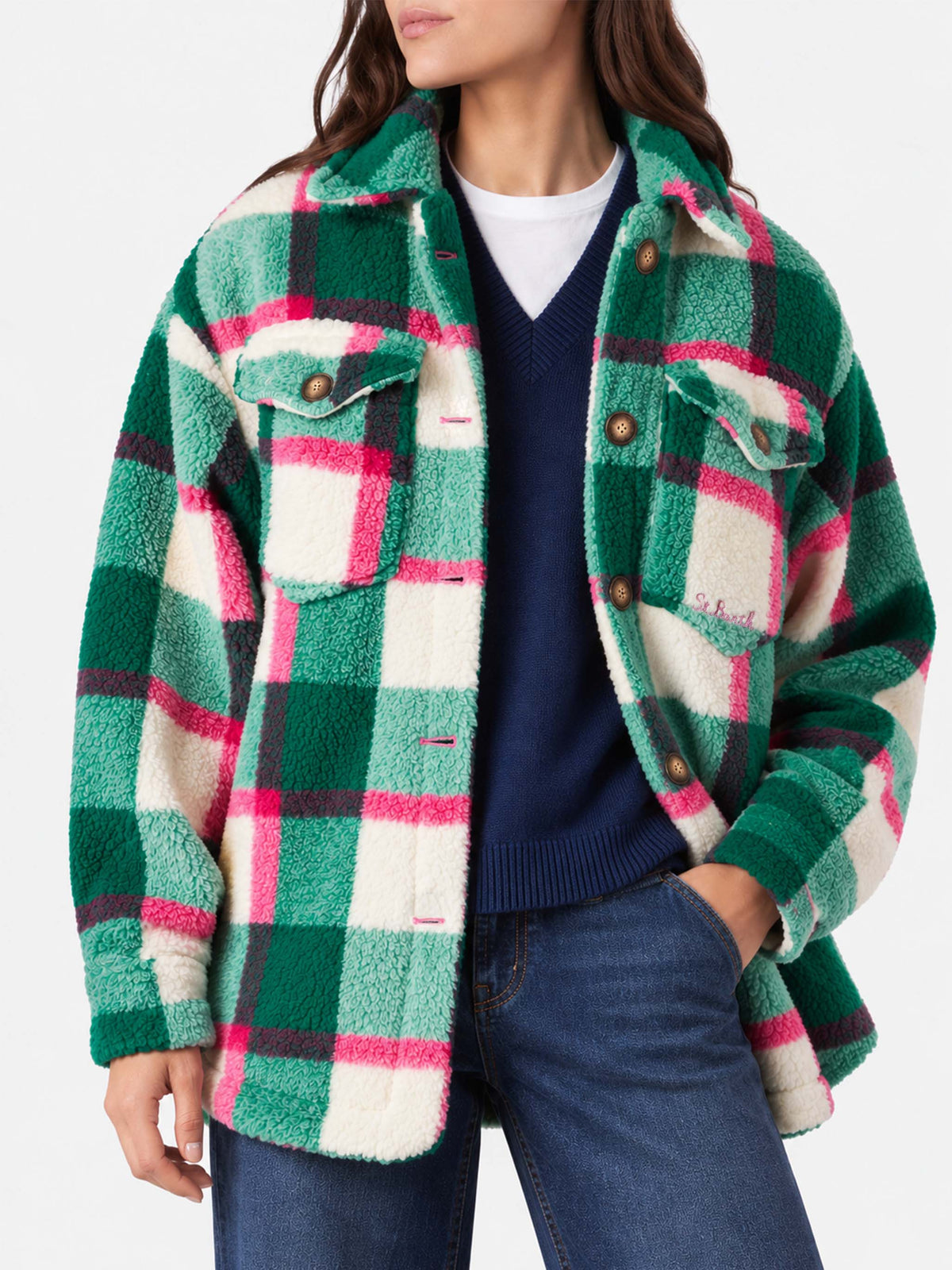 Elys sherpa overshirt jacket with tartan pattern
