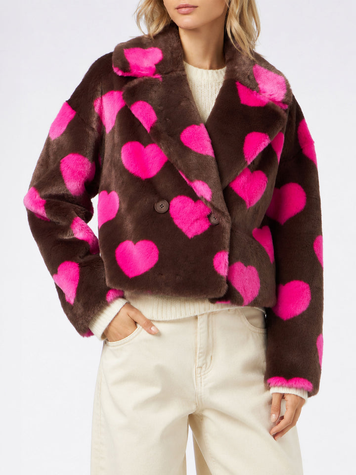 Emelyn short faux fur jacket with heart print