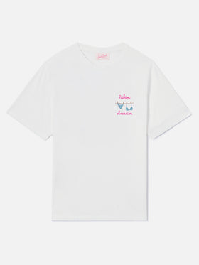 T-shirt Emilie blanc avec broderie Bikini Obsession et strass 