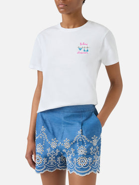 T-shirt Emilie blanc avec broderie Bikini Obsession et strass 