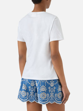 T-shirt Emilie blanc avec broderie Bikini Obsession et strass 