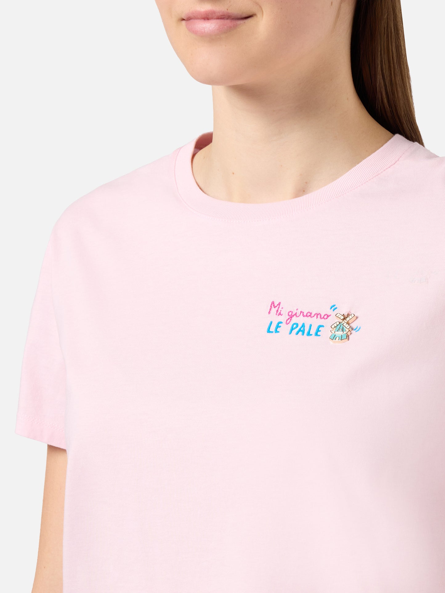 T-shirt Emilie rose avec broderie Mi girano le pale 