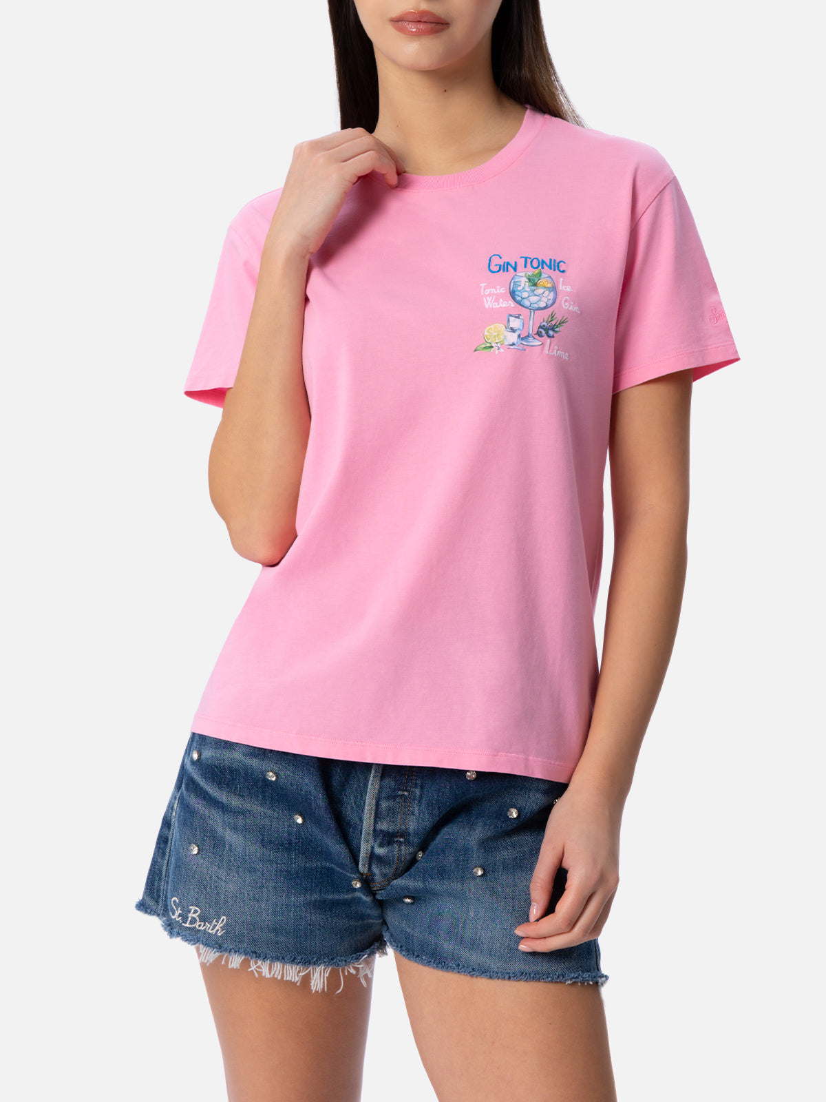 Woman cotton jersey crewneck t-shirt Emilie with Gin Tonic embroidery - MC2 Saint Barth