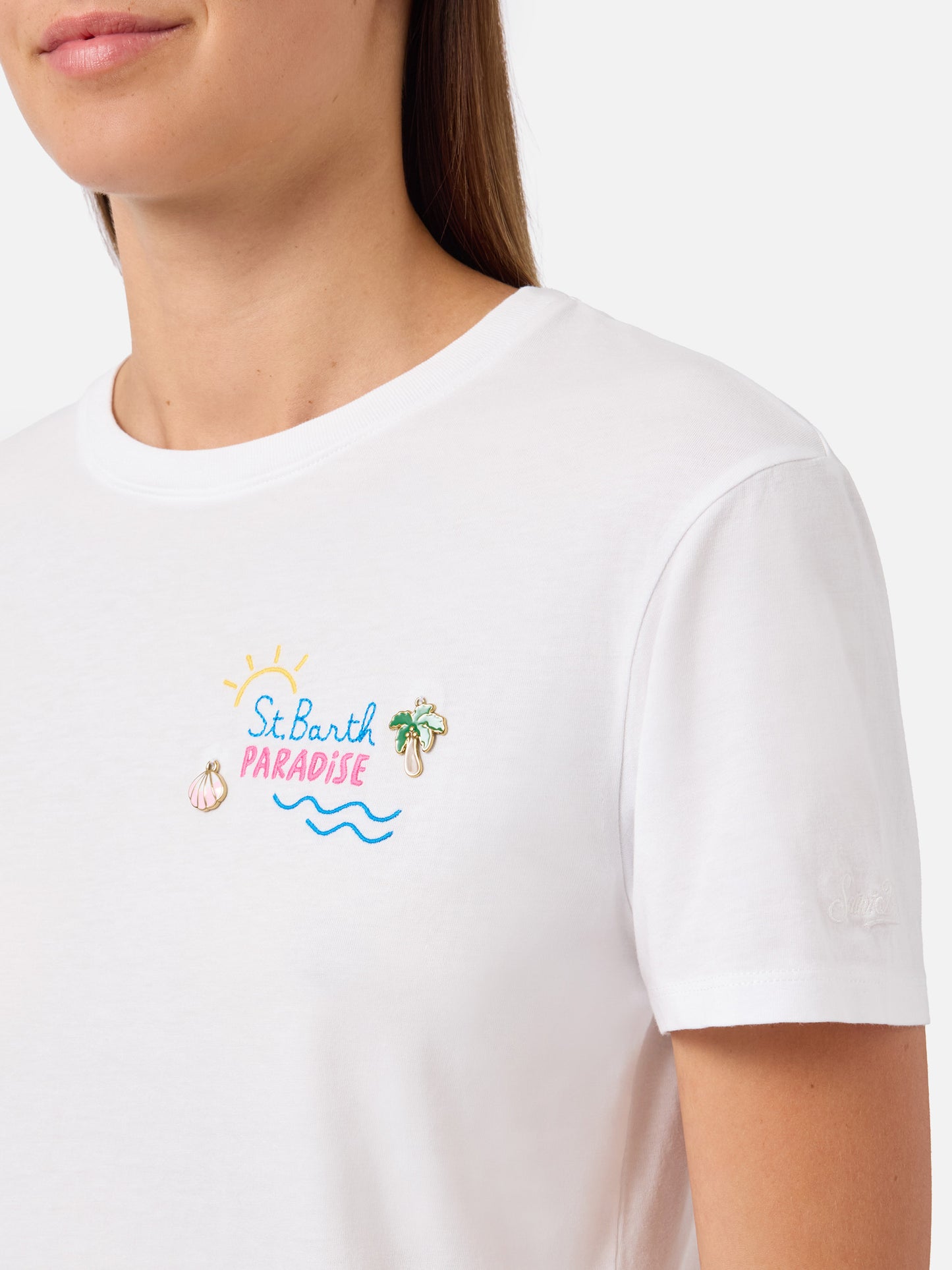 White Emilie T-shirt with St. Barth Paradise charm embroidery