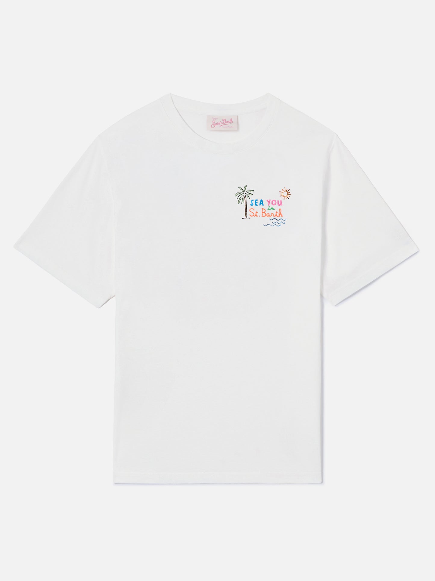 T-shirt Emilie blanc avec broderie Sea You in St. Barth et strass 