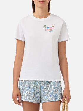 T-shirt Emilie blanc avec broderie Sea You in St. Barth et strass 