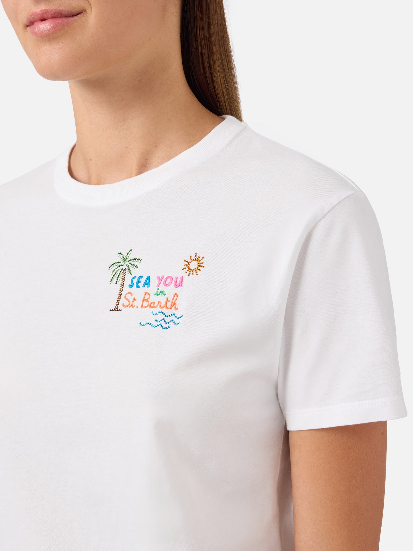 T-shirt Emilie blanc avec broderie Sea You in St. Barth et strass 