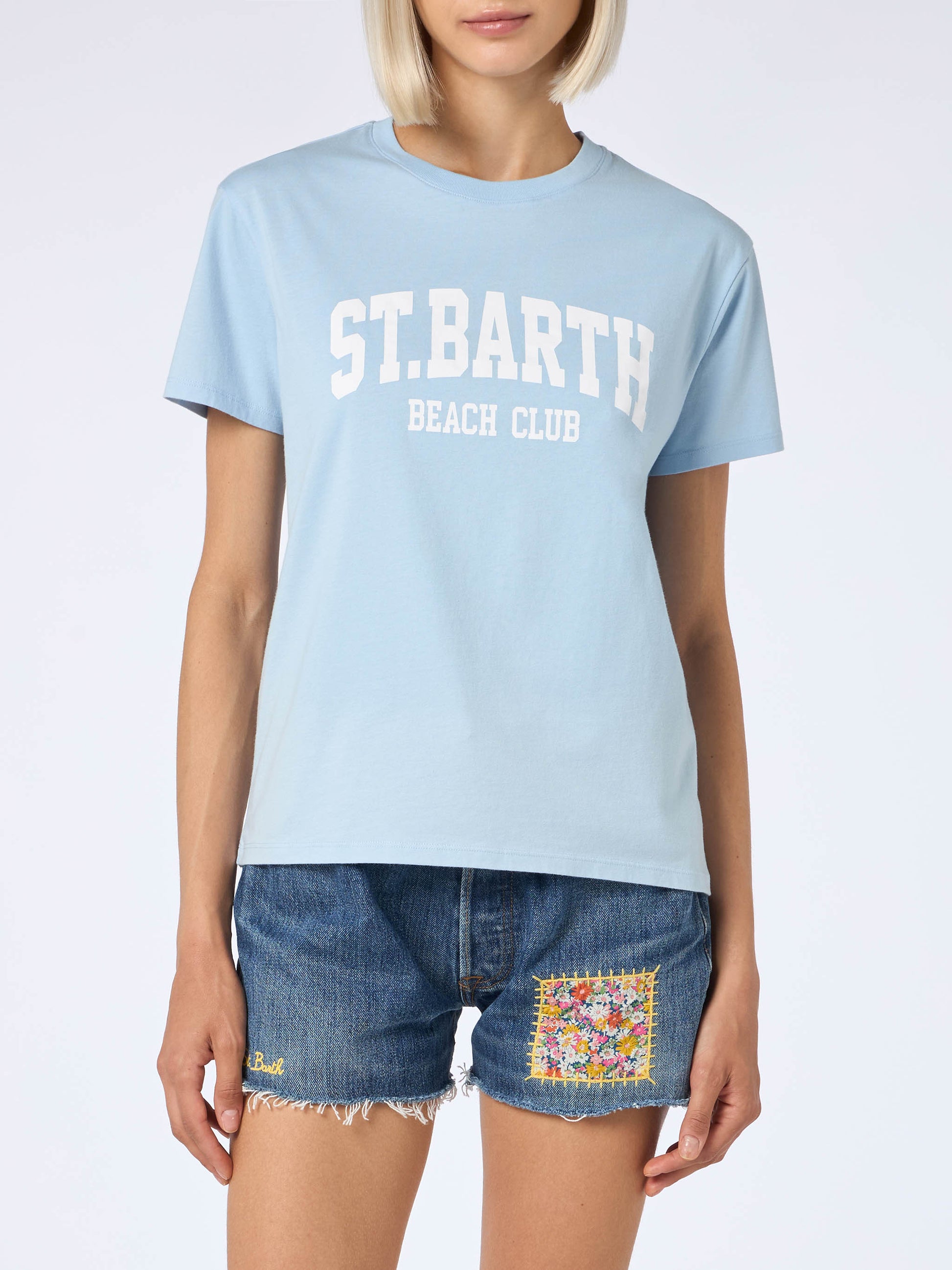 Woman cotton jersey crewneck t-shirt Emilie with St Barth beach club print - MC2 Saint Barth
