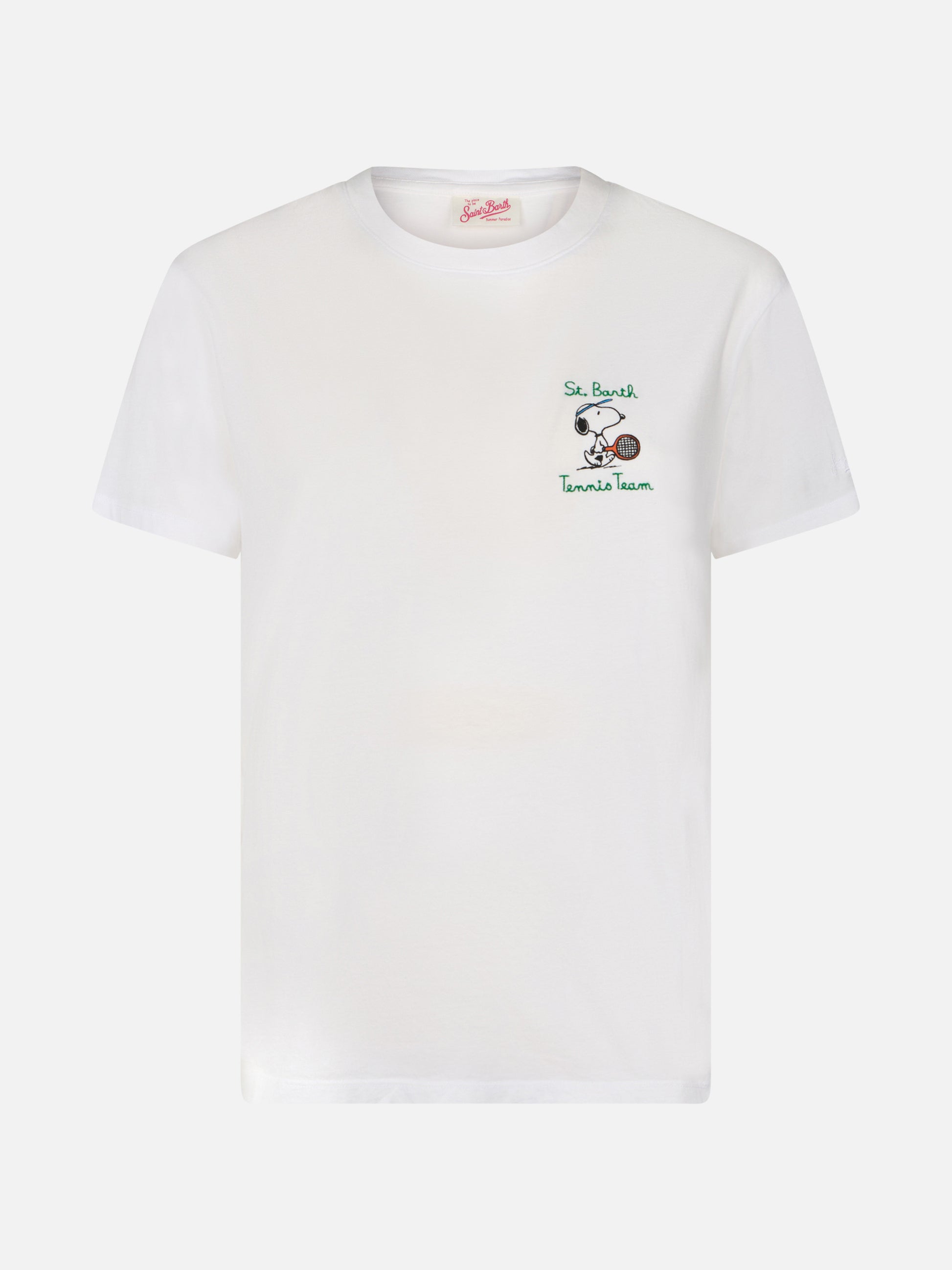 Woman pink cotton jersey crewneck t-shirt Emilie with Snoopy St. Barth Tennis Team embroidery | SNOOPY PEANUTS SPECIAL EDITION - MC2 Saint Barth