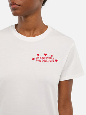 Emilie cotton t-shirt with 50 nervosa 50 deliziosa embroidery