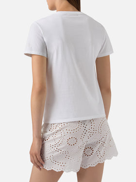 White Emilie T-shirt with Après-Sun embroidery and rhinestones