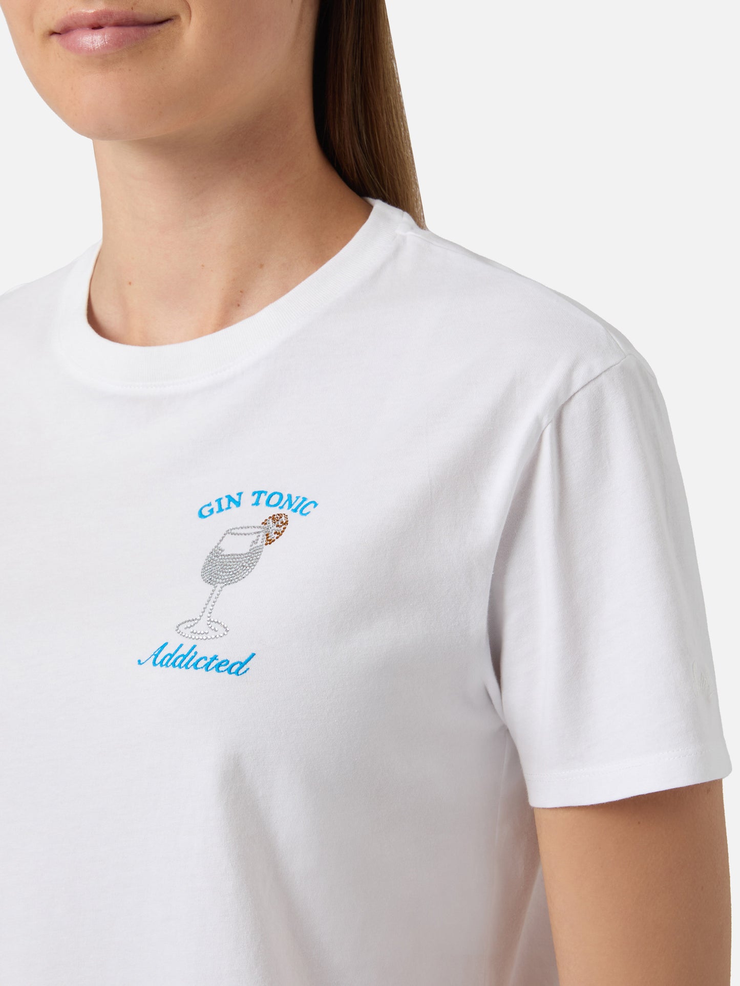 White Emilie T-shirt with Gin Tonic Addicted embroidery and rhinestones