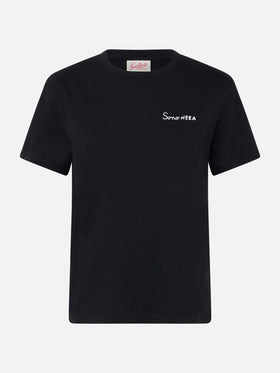 Woman black cotton jersey crewneck t-shirt Emilie with Sono nera embroidery - MC2 Saint Barth