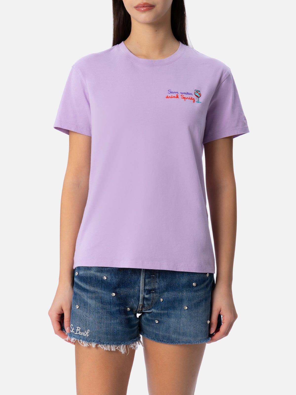 Woman cotton jersey crewneck t-shirt Emilie with Save water drink Spritz embroidery - MC2 Saint Barth