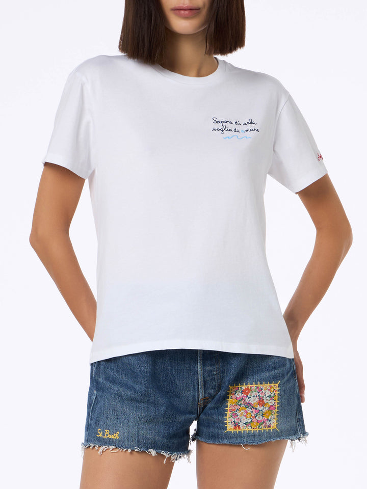 Woman cotton jersey crewneck t-shirt Emilie with Voglia di amare embroidery | @serepocaiontas SPECIAL EDITION - MC2 Saint Barth