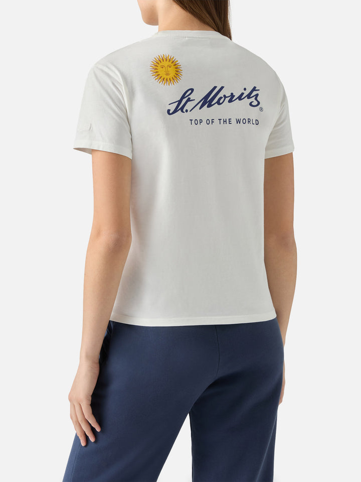 Emilie cotton T-shirt in white with St. Moritz print | ST. MORITZ TOP OF THE WORLD SPECIAL EDITION
