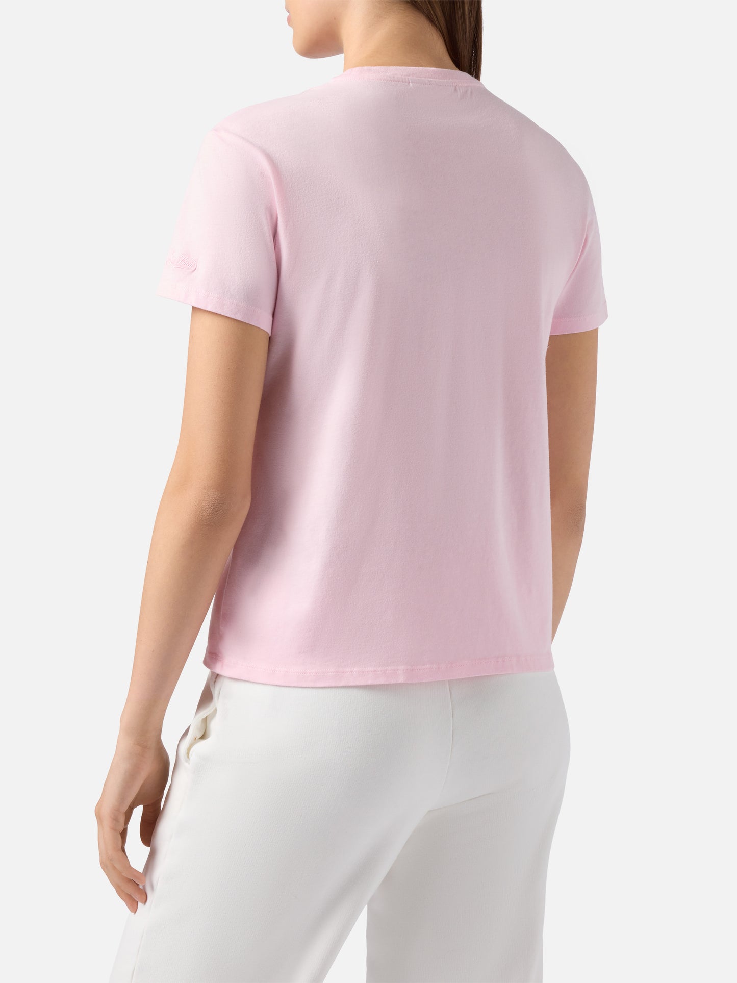 T-shirt Emilie in cotone rosa con ricamo Ski you later