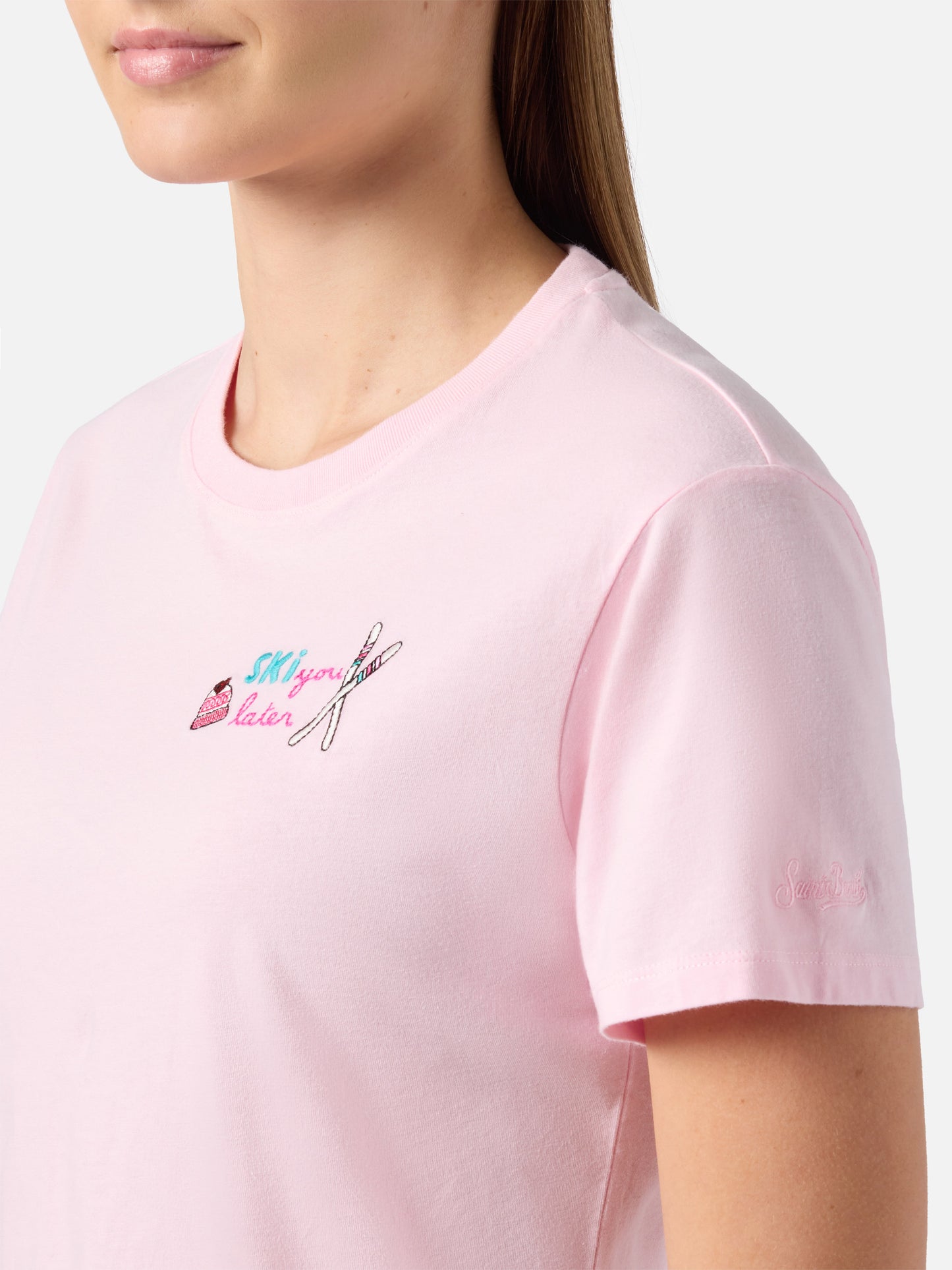 T-shirt Emilie in cotone rosa con ricamo Ski you later