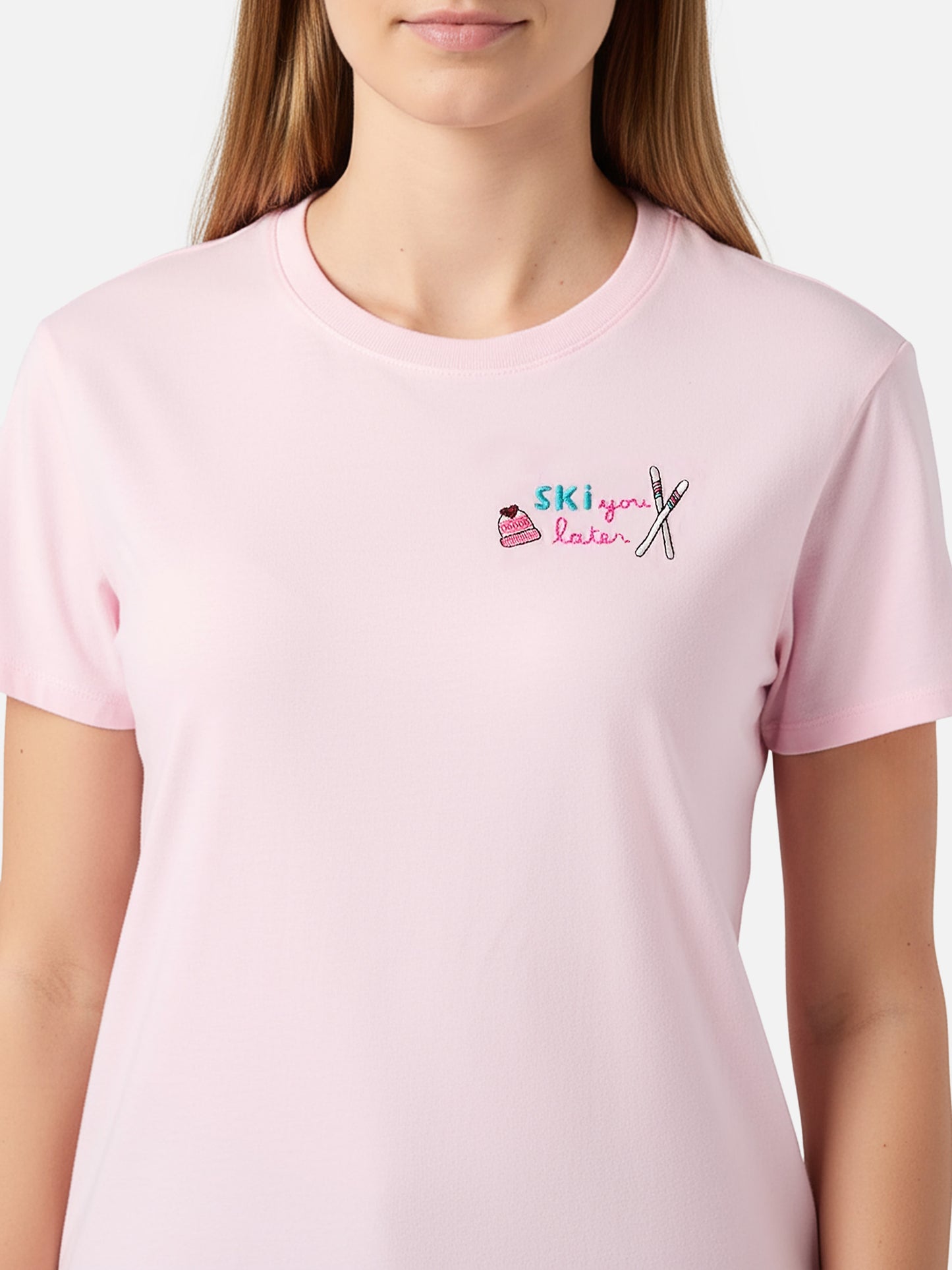 Emilie cotton T-shirt in pink with Ski you later embroidery