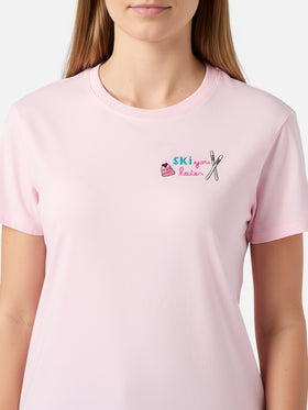 Emilie cotton T-shirt in pink with Ski you later embroidery