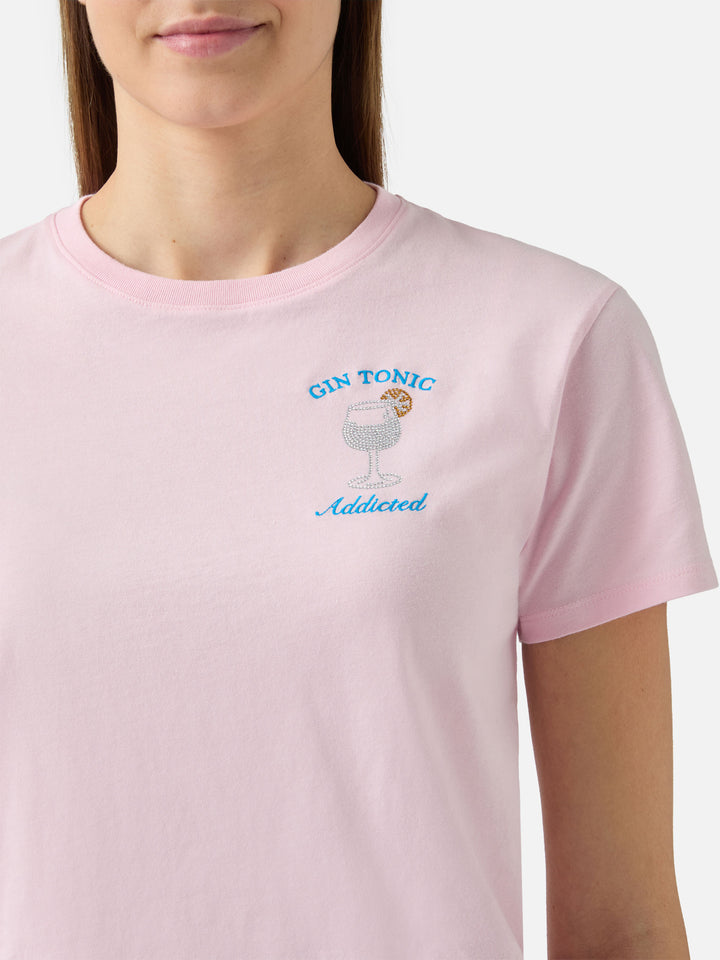 Emilie Baumwoll-T-Shirt in Rosa mit Strassapplikation in Gin-Tonic-Manier