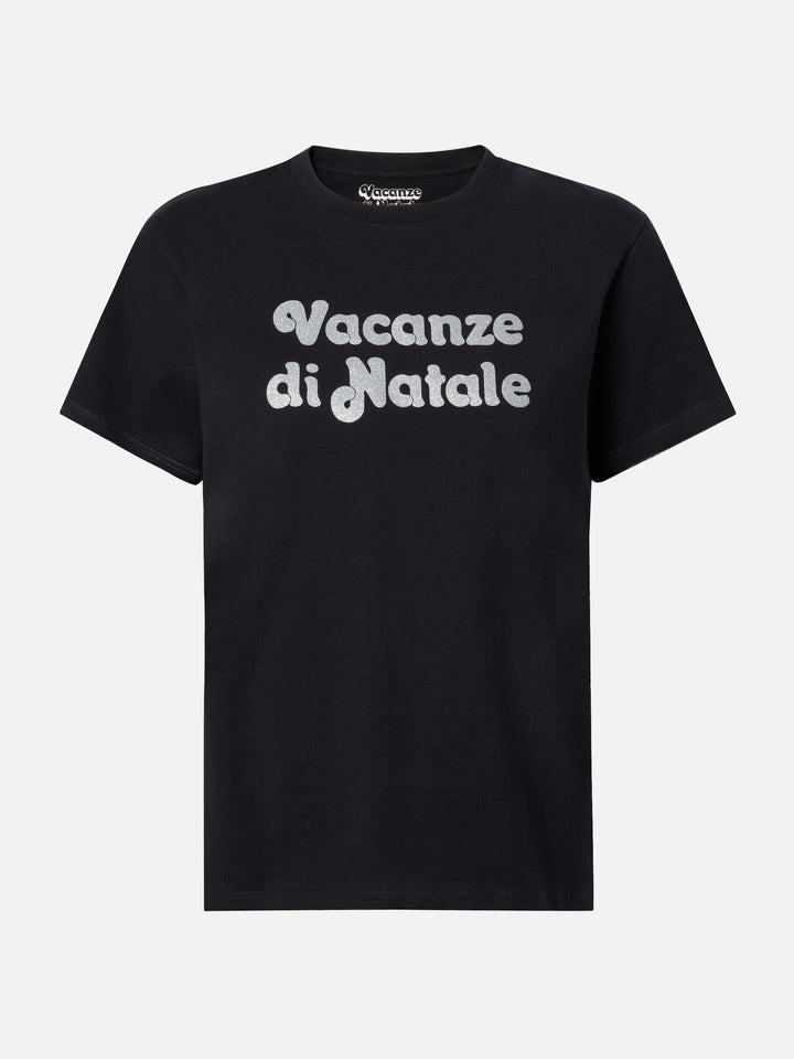 Emilie T-Shirt aus Baumwolle in Schwarz mit Vacanze di Natale-Glitzerprint | VACANZE DI NATALE SPECIAL EDITION 