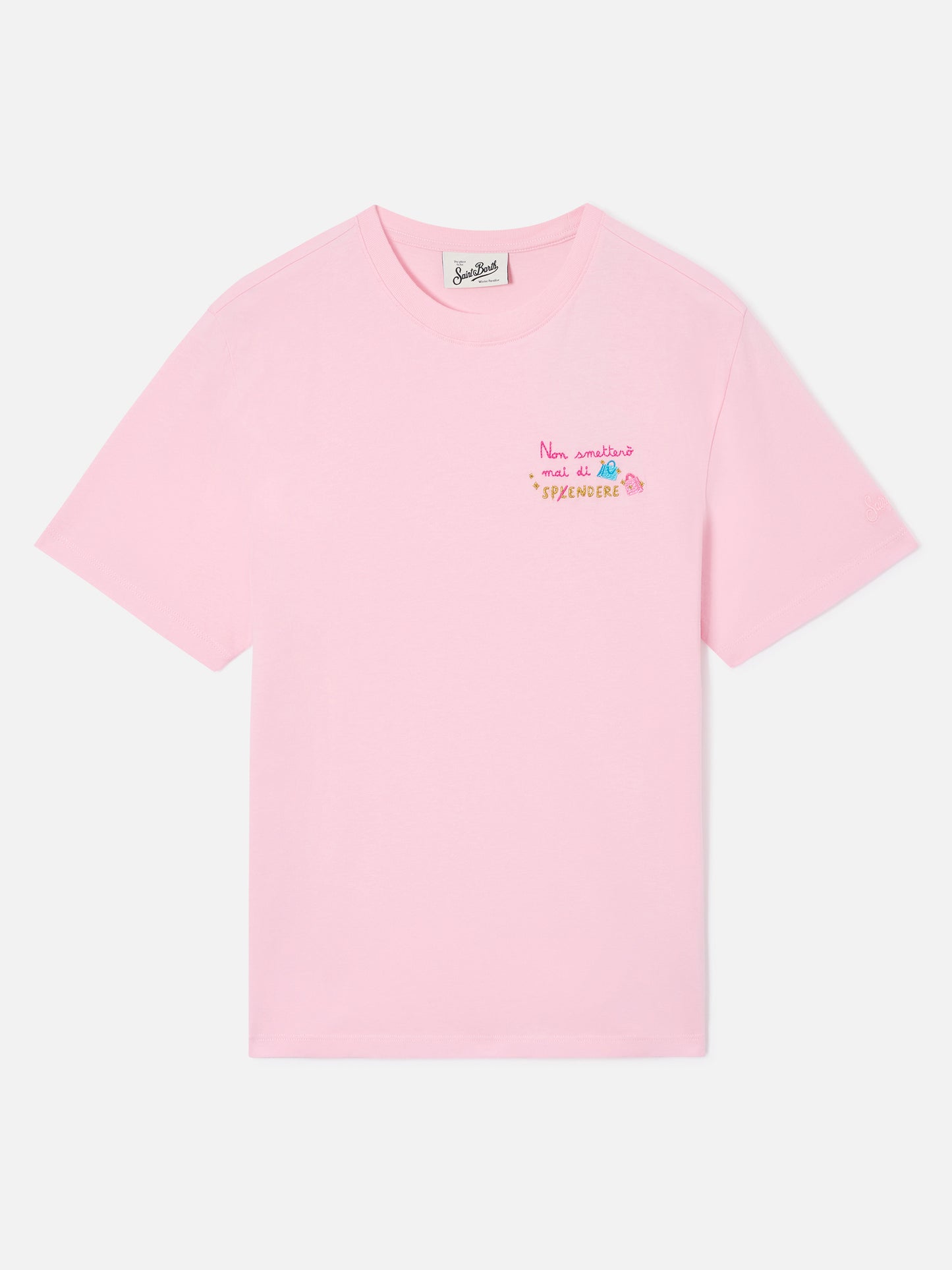 Camiseta Emilie en rosa con bordado Non smetterò mai di splendere 