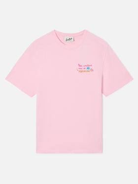 Camiseta Emilie en rosa con bordado Non smetterò mai di splendere 