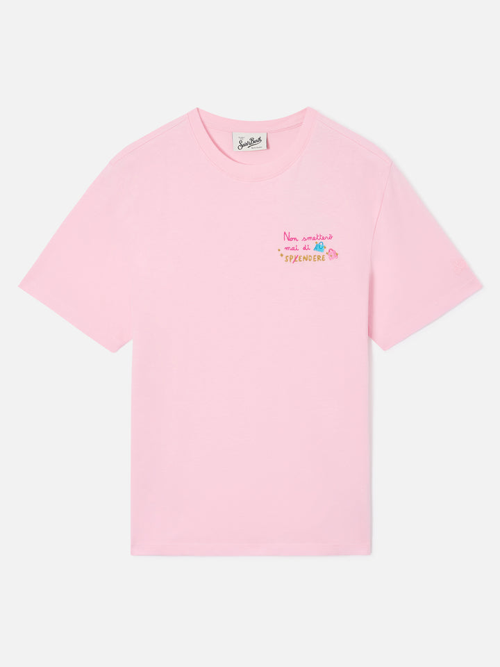 T-shirt Emilie rose avec broderie Non smetterò mai di splendere 