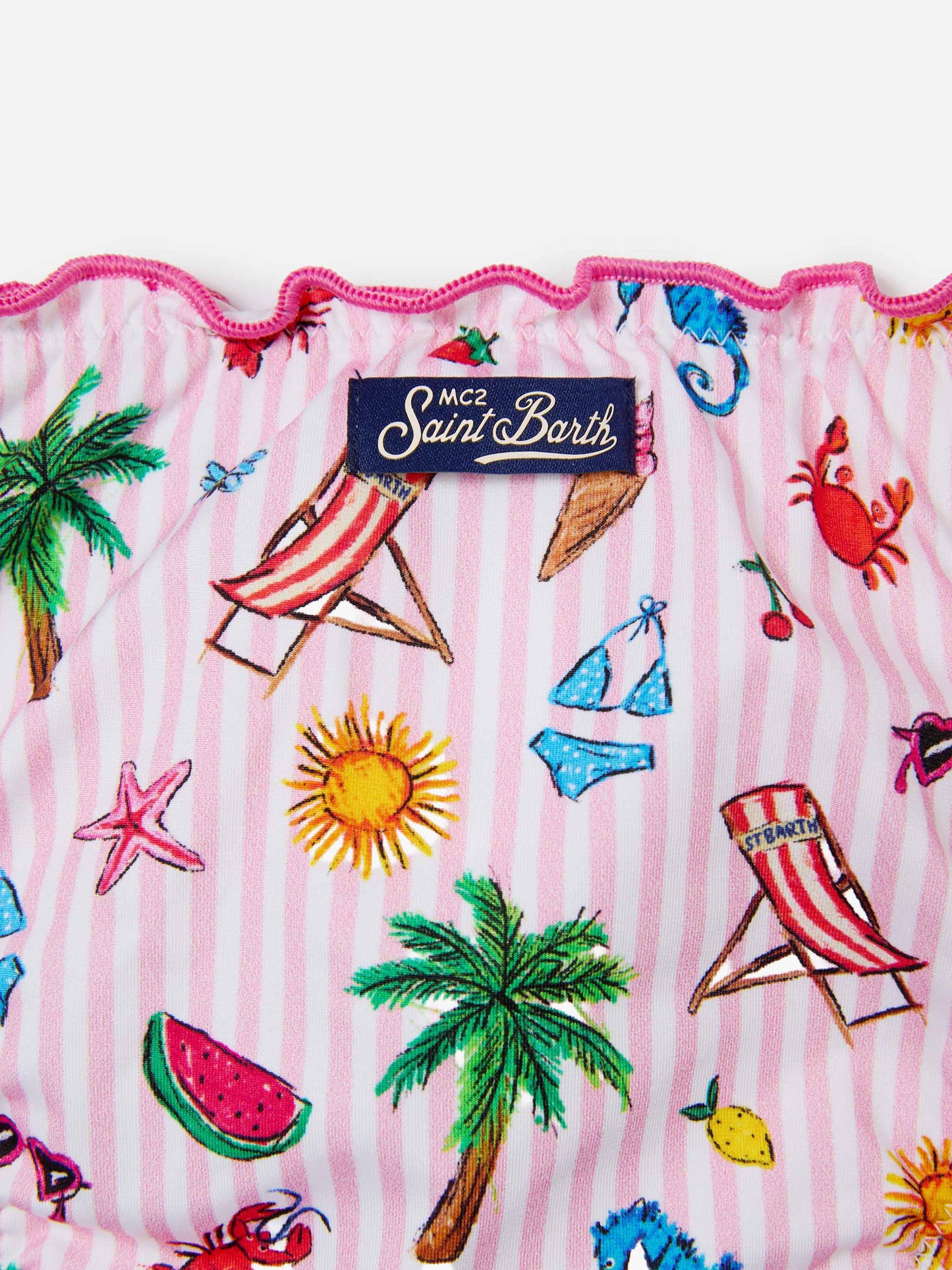 Bikini Emy bianco e rosa a righe con stampa funny all-over