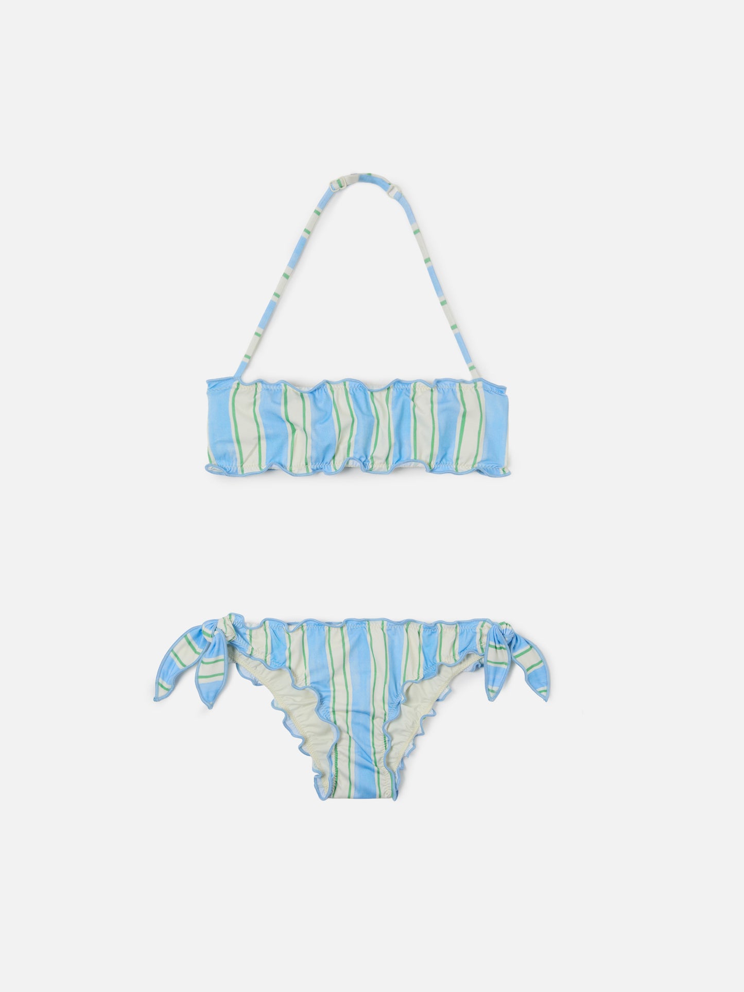 Emy white, light blue and green striped bikini with ruffled edges